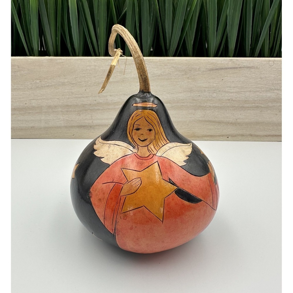 Christmas Holiday Folk Art Hand Painted Carved Gourd Angel Star Halo Ornament